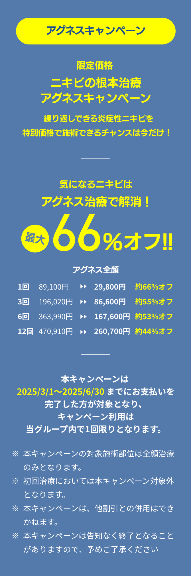 アグネスキャンペーン気になるニキビはアグネス治療で解消！最大66%オフ！！