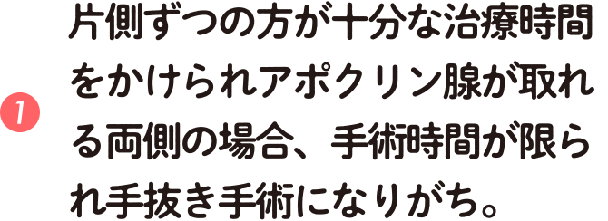片側ずつの方が十分な治療時間をかけられアポクリン腺が取れる両側の場合、手術時間が限られ手抜き手術になりがち。